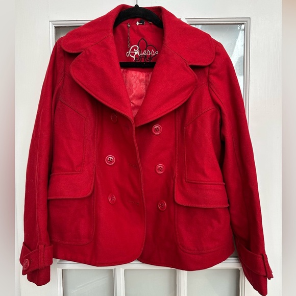 Vintage Y2K Guess Scarlet Red Wool Double Breasted Pea Coat Women’s Size Large L - Picture 1 of 13